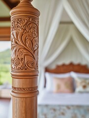 Intricately carved wooden bedpost showcasing floral designs, with soft drapery and a cozy bedroom setting in the background, creating a serene and inviting atmosphere