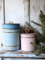 Vintage blue and pink storage tins with rustic charm, adorned with pinecones, placed on a weathered wooden surface, surrounded by evergreen branches, enhancing cozy home decor atmosphere
