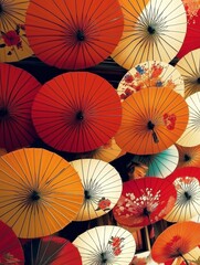 Colorful paper umbrellas in vibrant hues of red, orange, and white are arranged in an artistic display, showcasing intricate designs and textures, creating a lively atmosphere