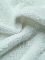 Soft white towel fabric with plush texture, showcasing intricate fibers and gentle folds, ideal for home decor, spa settings, or personal care applications