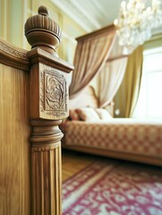 Ornate wooden bedpost with intricate carvings, showcasing craftsmanship and design, in a luxurious bedroom setting with elegant decor and soft lighting ambiance