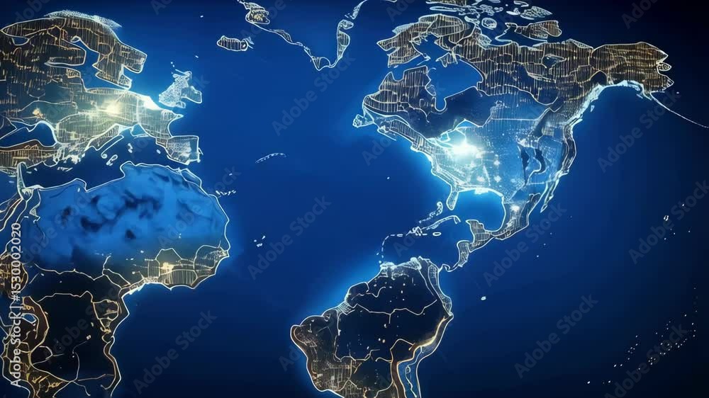 Poster intricate stylized world map illuminated with golden lights on a deep blue background representing g
