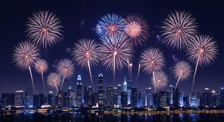 Fireworks explode over a cityscape at night reflecting in the water below the buildings and the lights