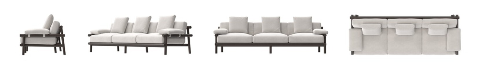 light velvet framed sofa multiple view isolated.