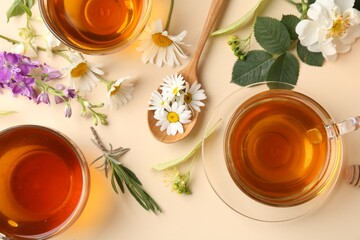 Aromatic herbal tea in glass cups and different flowers on beige background, flat lay
