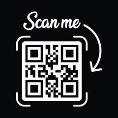 Minimalist white square QR code, slightly rotated within a white outline, centered on stark black background. Elegant cursive 