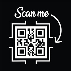 Minimalist white square QR code, slightly rotated within a white outline, centered on stark black background. Elegant cursive 