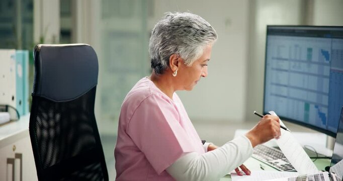 Healthcare, nurse and woman in clinic, documents and schedule with compliance, wellness and report. Mature person, medical service and professional with paperwork, hospital policy and review charts