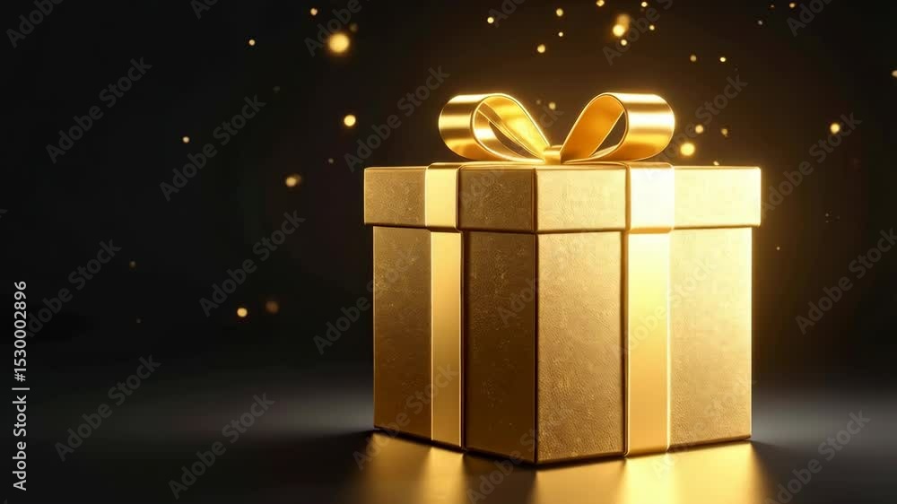 Poster elegant golden gift box with matching ribbon on dark reflective surface radiates with bright light a