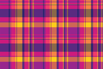 Vibrant, bold plaid pattern in pink, purple, orange  yellow.  Perfect for textile design, website backgrounds, or fashion projects. This energetic graphic creates a lively, modern aesthetic.