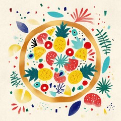 Tropical pizza illustration featuring vibrant fruits like pineapple, strawberries, and colorful leaves, creating a playful and inviting culinary scene with a cheerful ambiance