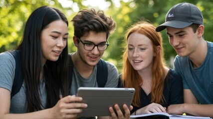 Diverse students collaborate intensely focused on tablet and books library study success teamwork - Powered by Adobe
