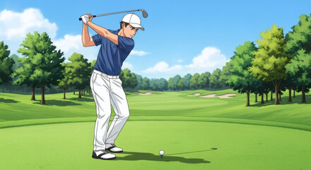 Cartoon man in blue shirt and white pants swinging golf club on a golf course with green trees around it