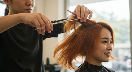 Naklejka premium Hairdresser cutting woman's hair