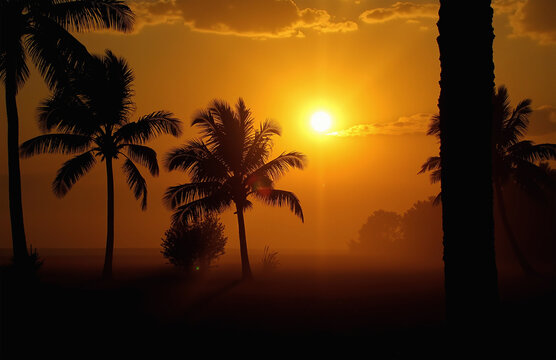 Tropical sunset with palm tree silhouettes and vibrant sky