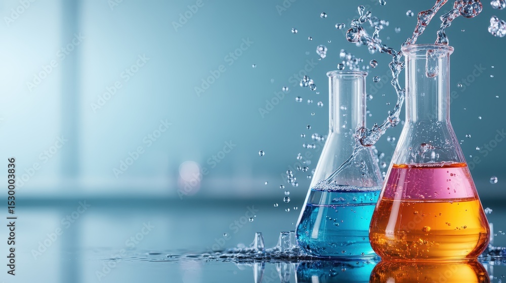 Poster this vibrant image showcases two laboratory flasks filled with colorful liquids and splashing water,