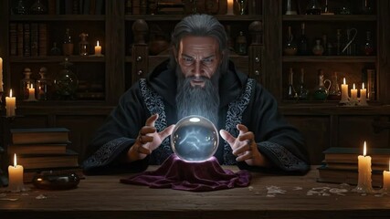Wizard fortune teller reading crystal ball future telling magic sorcerer fantasy mystic prediction seer old man 100