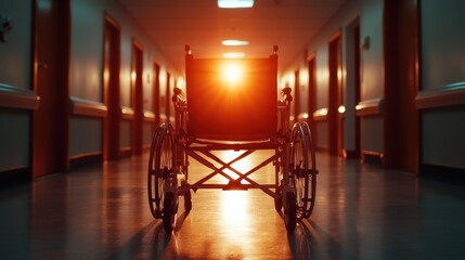 A poignant image of an empty wheelchair positioned in a hospital corridor, illuminated by the warm glow of sunset, evoking feelings of solitude, hope, and reflection on life.
