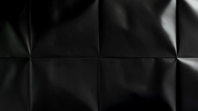 Close-up view of a folded black paper surface, highlighting the subtle textures, creases and minimalist aesthetics of the matte background.
