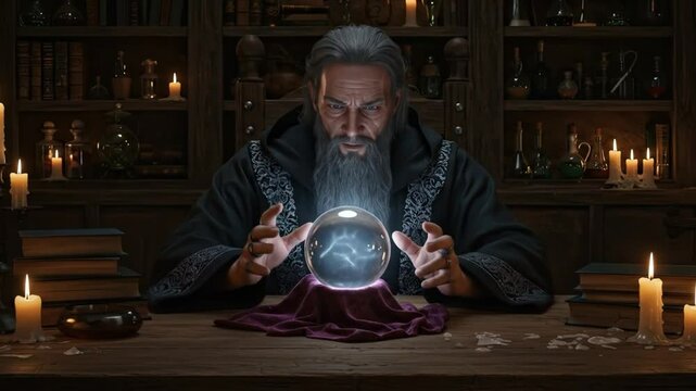 Wizard fortune teller reading crystal ball future telling magic sorcerer fantasy mystic prediction seer old man 100