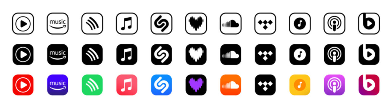 Music streaming services vector logo editorial collection. Spotify, Youtube music, Apple music, Soundcloud logos. Rivne, Ukraine - May 3, 2025