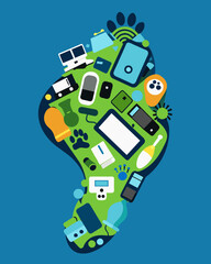 Obraz premium A footprint filled with images of electronic waste such as discarded phones computers and batteries showcasing the consequences of consumerism and technological advancement.. Vector illustration
