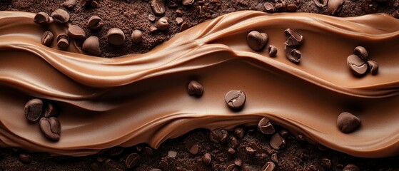 Creamy chocolate river meanders through a landscape of chocolate crumbs, accented by scattered chocolate chips, creating a visually appealing and delicious treat