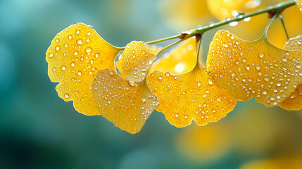 Ginkgo biloba leaves, vividly yellow, are covered with water droplets. The droplets cling to the leaves, catching the light and creating a sparkling, refreshing effect