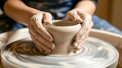 Hands skillfully mold a clay bowl on a pottery wheel in a warm studio, surrounded by natural light and earthy textures - Powered by Adobe