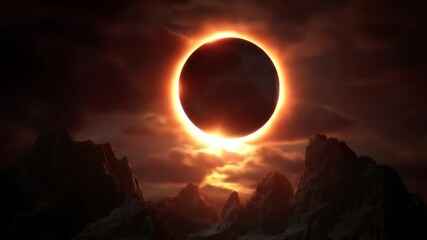 solar eclipse over mountain landscape with glowing corona and dramatic sky. - Powered by Adobe