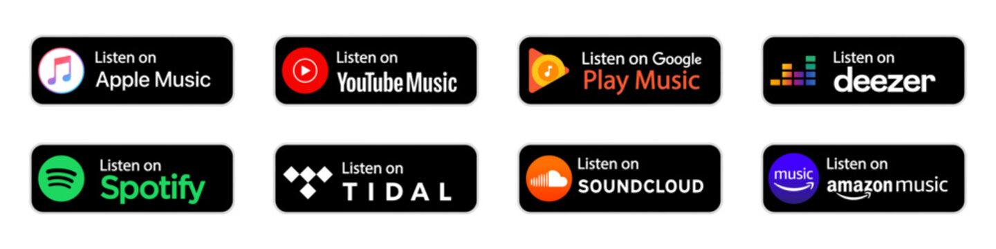 Dark theme &ldquo;Listen on&rdquo; buttons for Spotify, Apple Music, Youtube Music, Soundcloud. Editorial vector collection for music platforms. Rivne, Ukraine - May 3, 2025