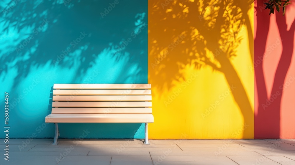 Poster a contemporary bench positioned in front of a colorful wall, casting intriguing shadows that add dep