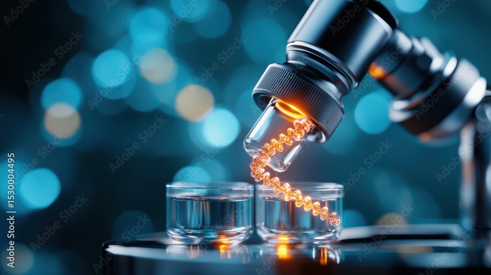 Poster a captivating close-up of a microscope against a backdrop of bright bokeh lights, symbolizing scient