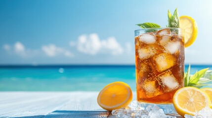This vibrant image captures a tall glass of iced tea with lemon, surrounded by mint leaves and ice cubes, set against a beautiful beach backdrop with the ocean in view.