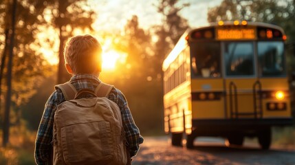 A heartwarming image of a child standing with a backpack, gazing at a school bus arriving as the sun rises, capturing the anticipation and joy of a new school day.