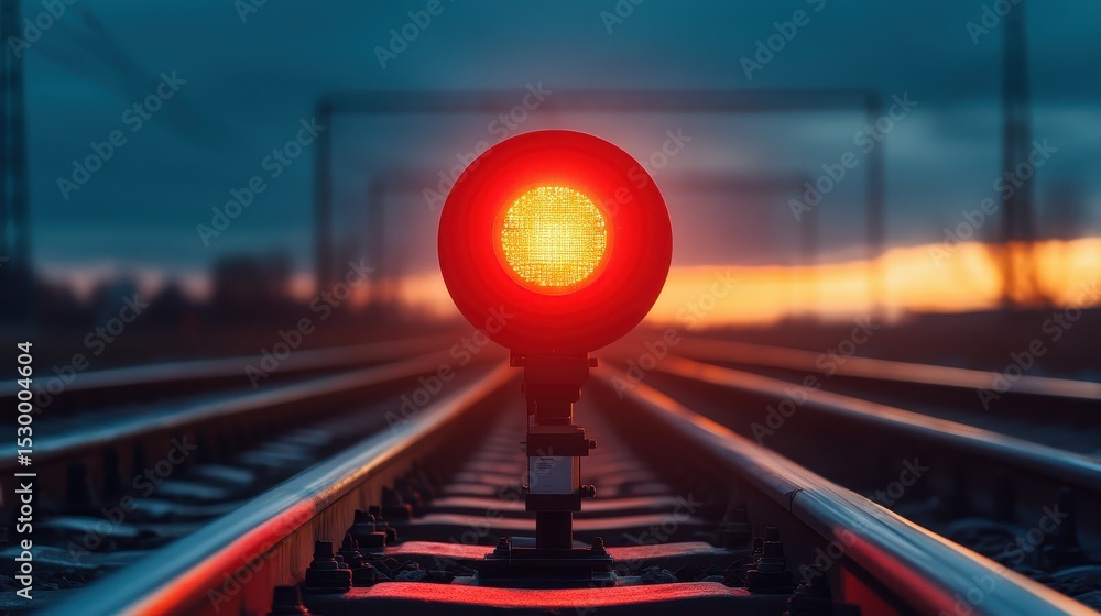 Poster a vivid red signal light stands tall on the railway tracks as the sun sets in the background, symbol
