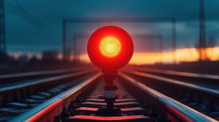 A vivid red signal light stands tall on the railway tracks as the sun sets in the background, symbolizing caution and safety while creating a compelling compositional contrast.