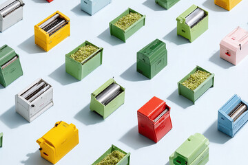 Fototapeta premium Colorful, conceptual flat lay of diverse boxes, some containing metal rollers, others green filler, on a light blue background. Modern, minimalist, abstract.