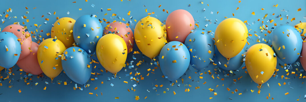 Swedish national day celebration background with colorful balloons and confetti on blue. Sveriges nationaldag. Horizontal banner. Copy space. Balloons in colors of flag of Sweden on a blue background