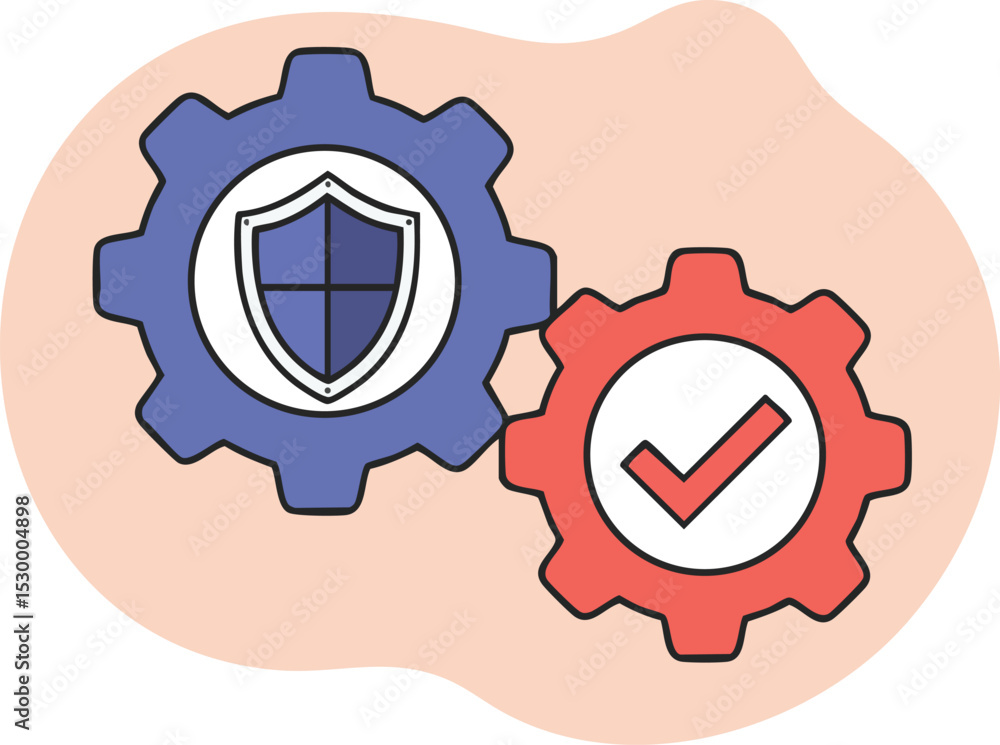 Aufkleber security and approval concept gears with shield and checkmark icons in blue and red vector illustrat