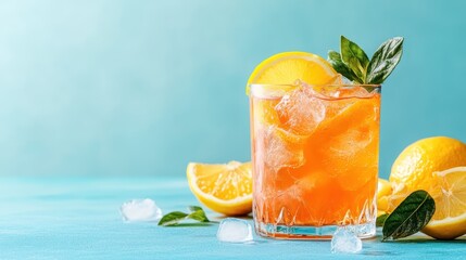Fototapeta premium A refreshing glass of lemonade cocktail filled with ice, garnished with lemon slices and fresh leaves, evoking a sense of summer relaxation and delightful flavors.