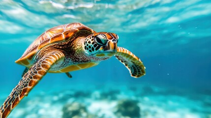 A stunning sea turtle glides gracefully through clear blue waters, showcasing its unique patterns and vibrant colors, symbolizing freedom and the beauty of ocean life.