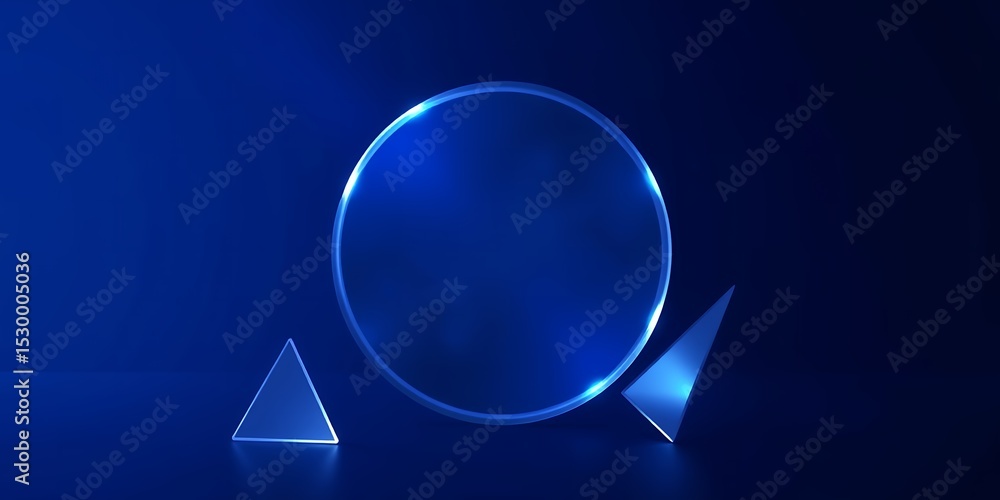 Poster a luminous blue circle and two triangles on a dark blue background with subtle reflections