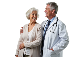 Elderly woman accompanied by male doctor, white background, professional studio lighting,