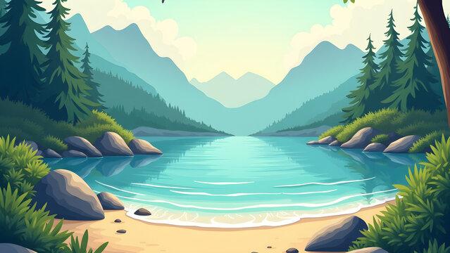 Summer time summer hot Serene mountain forest beach banner template emphasizing a peaceful outdoor aesthetic for banners