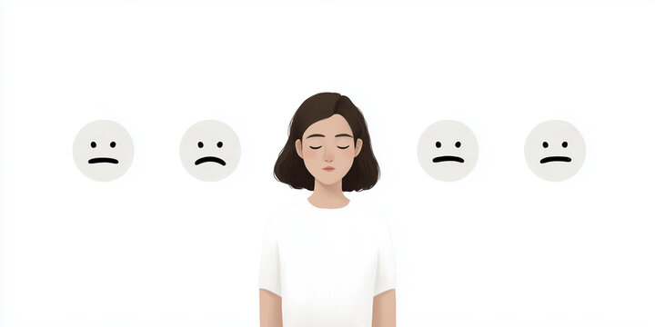 Illustration of a young woman with closed eyes, surrounded by various facial expressions, representing emotional states and mental health awareness in a minimalist design
