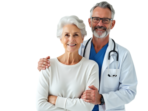 Elderly woman accompanied by male doctor, white background, professional studio lighting,people,woman,old - Powered by Adobe
