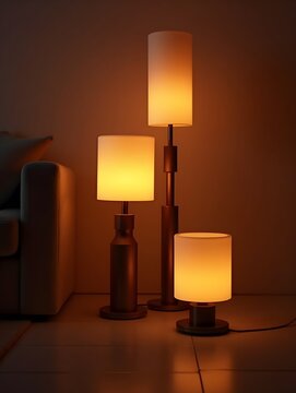 Warm glow from designer lamps adds ambiance to modern space during sunset