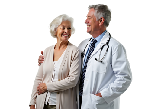 Elderly woman accompanied by male doctor, white background, professional studio lighting,
