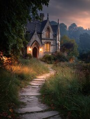 Obraz premium A stone pathway leads to a quaint gothic cottage at dusk.